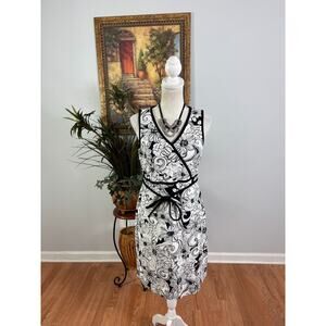 Talbots Dress Women's 6P Black White Knit Floral Sleeveless V Neck Tie Waist